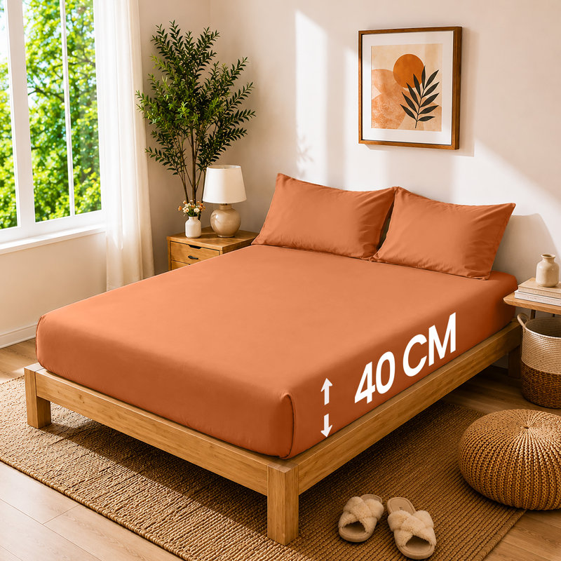 40cm Extra Deep Fitted Sheet - Luxury Microfiber Deep Pocket Bed Sheet Secure Fit, Rust, Double (137x190cm)