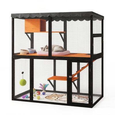 Large 4-Tier Wooden Catio Outdoor Cat Enclosure, Weatherproof Cat House with Ramp & Waterproof Cover, Indoor/Outdoor Safe Playpen for Multiple Cats