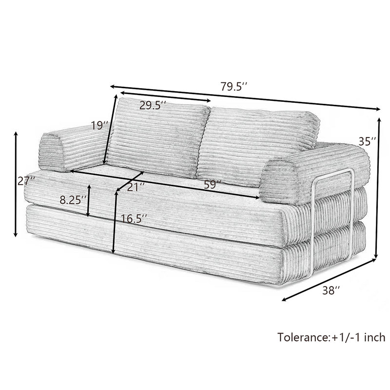 Canapé-lit convertible, canapé-lit pliant en velours côtelé, matelas de lit futon avec oreillers, canapé désossé pour le salon, bleu