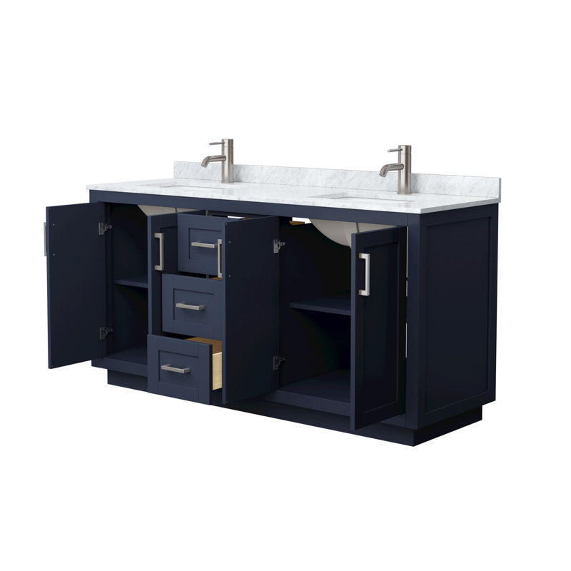 Miranda 66" Freestanding Double Bathroom Vanity with Marble Top, Brushed Nickel, Dark Blue