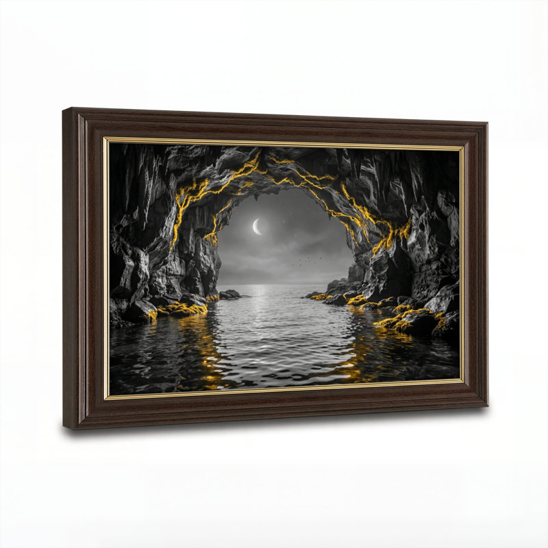 Art mural antique sur toile encadré doré pour le salon, la chambre à coucher, le bureau ou le vestibule - décoration murale décorative avec grotte au clair de lune