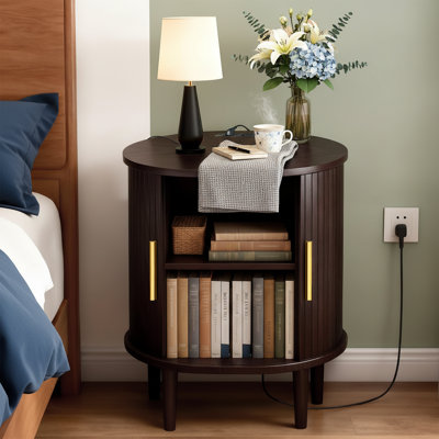  Table de chevet ronde 16 po avec station de charge, USB-C et porte coulissante cannelée