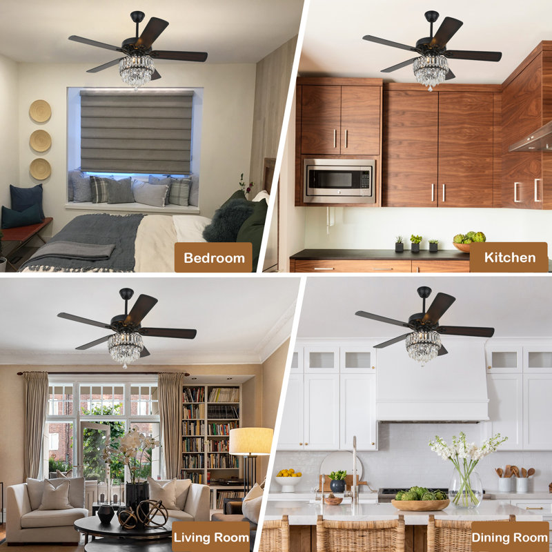 52 Inch Modern Crystal Ceiling Fan With Remote Control, 3 Speeds Reversible Ceiling Fan For Bedroom, Black