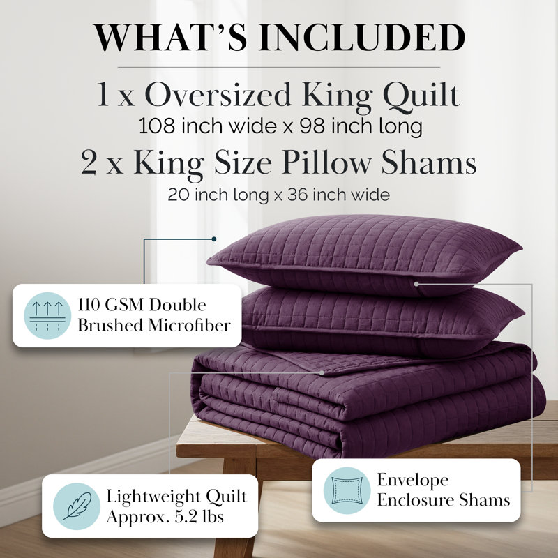 Southshore Fine Linens Vilano Oversized Quilt Set, Double-Brushed Microfiber Lightweight Quilted Bedding and 2 King Pillow Shams, King/California King, Purple
