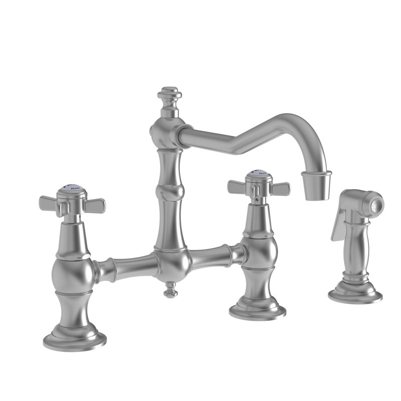 Chesterfield Kitchen Bridge Faucet with Side Spray, Cross, Stainless Steel