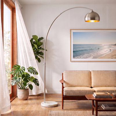 Half Dome 92" Arc Lamp - Satin Nickel Steel, White Marble Base, Half-Dome Satin Nickel Shade, Dimmable, Bulb Included