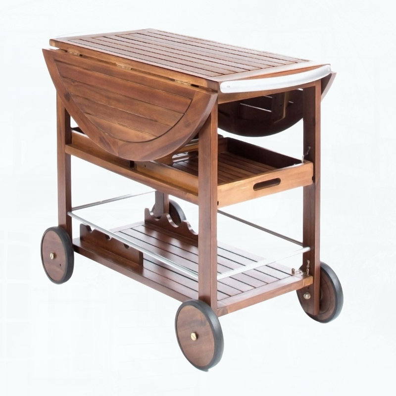 Chariot-bar extérieur / intérieur avec plateau rabattable et plateaux amovibles, bois et aluminium