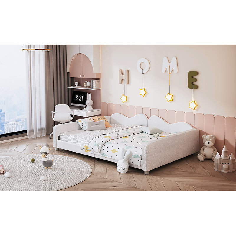 Full Size Upholstered Daybed, Sherpa Fabric Sofabed With Cloud-Shaped Backrest, No Box-Spring Needed, White, White
