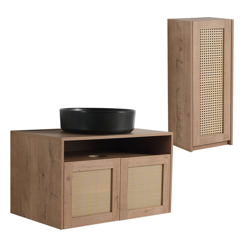 Meuble-lavabo de 30 po avec lavabo d'art en céramique et armoire latérale, 2 portes à fermeture douce, fixation à flotteur
