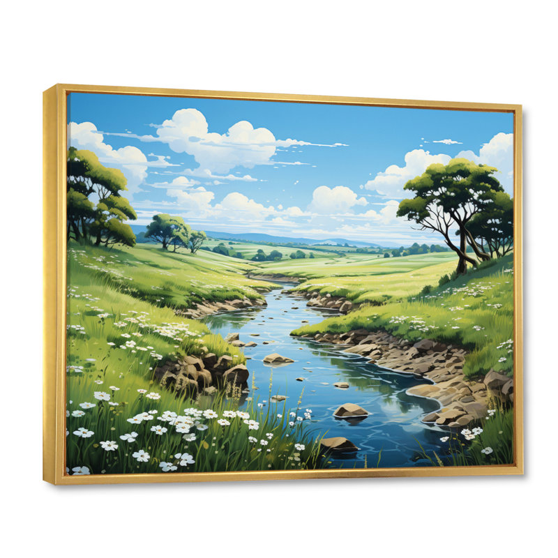 " Countryside River Reflections II ", 30" H x 40" W x 1.5" D, Gold Floater Framed