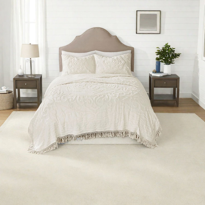 Ensemble de literie en chenille de coton de qualité supérieure, blanc cassé, style boho pour le confort de la maison