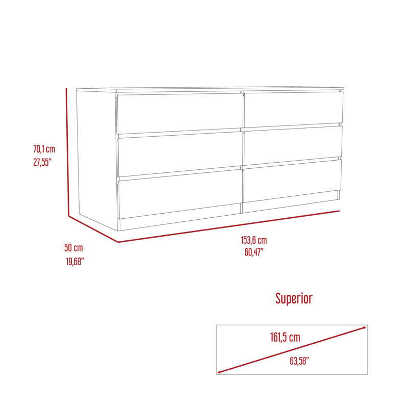 Commode double 6 tiroirs, plateau supérieur, blanc, Blanc