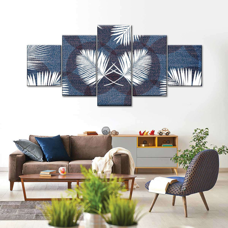 Ensemble de 5 feuilles de palmier denim sur toile par Maya Blooms, H 24 po x l 55 po x P 1,25 po