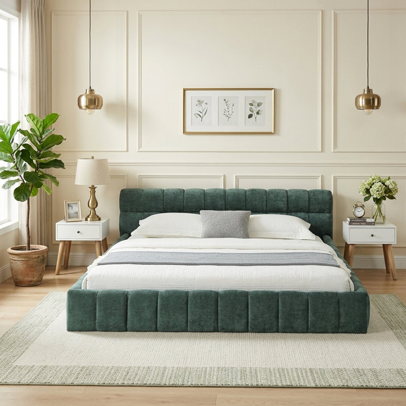 Lit plateforme moderne capitonné en tissu chenille, tête de lit capitonnée, cadre bas et stable, sommier non requis