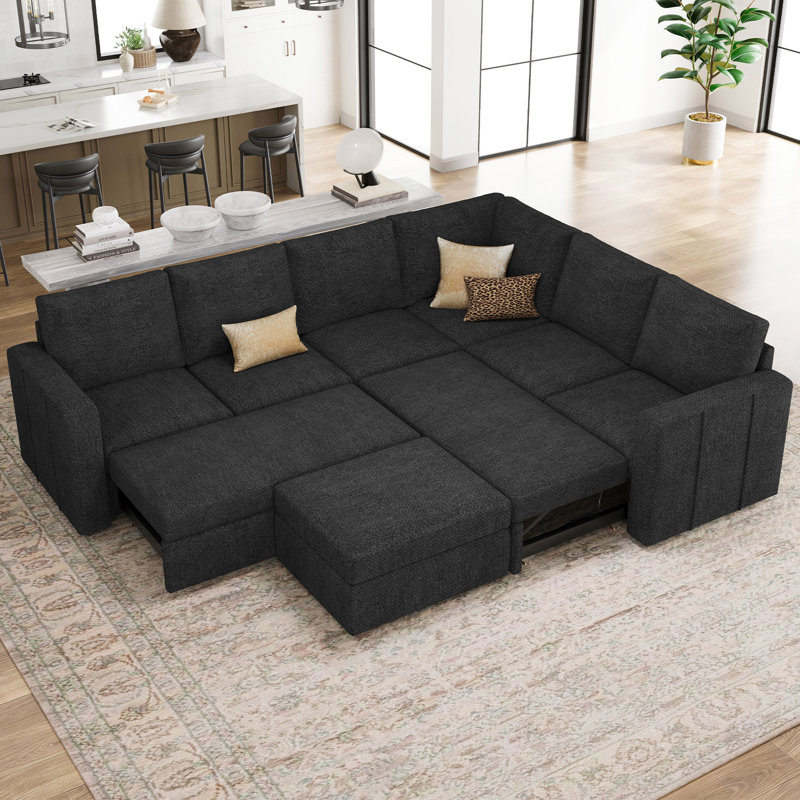 Grand canapé-lit modulaire avec repose-pieds Seybert, Chenille grise foncée