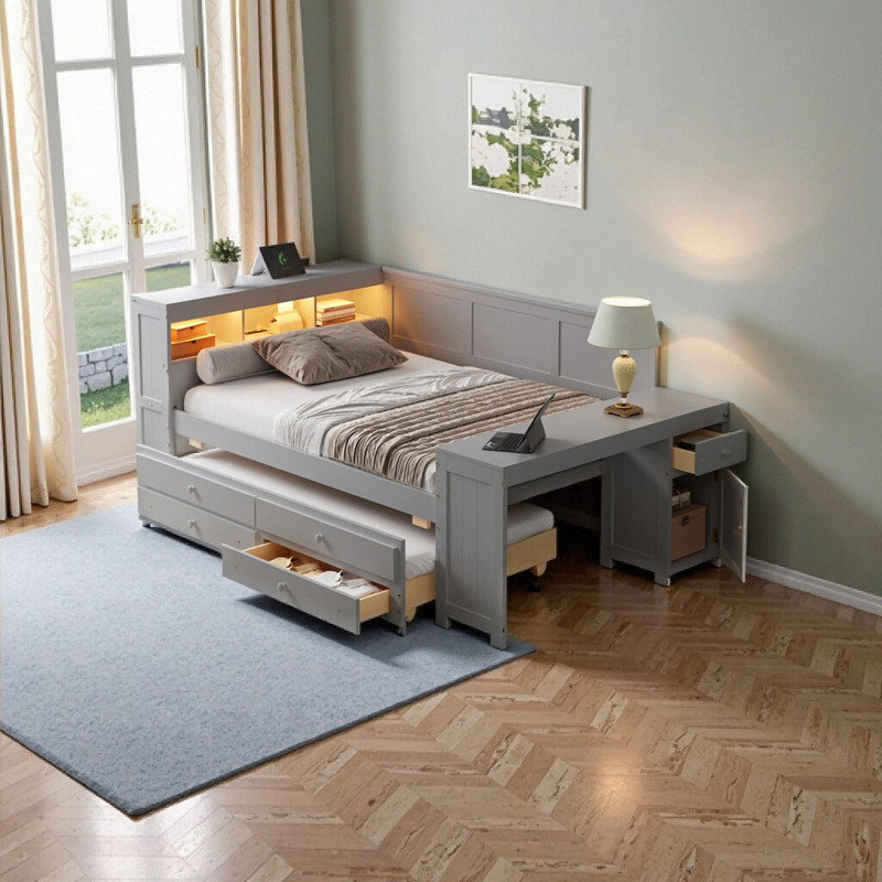 Lit de jour double en bois de pin massif et panneau de fibres à densité moyenne avec tablettes de rangement intégrées, Gris