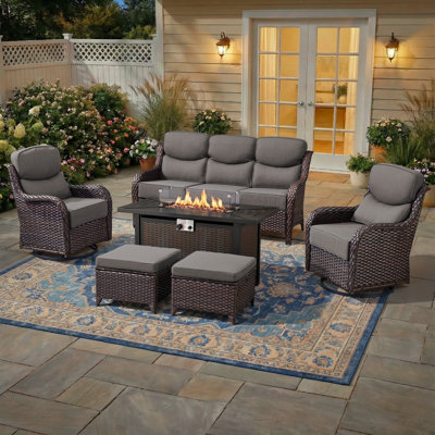 7 - Person Luxury Wicker Patio Furniture Set With Fire Pit Table & 6-Inch Extra-Thick Cushion Swivel Chairs
