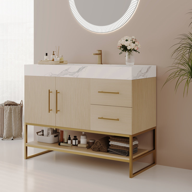 36" Modern Bathroom Vanity With Ceramic Sink & Gold Handls, Freestanding Wood Cabinet With 2 Drawers For Bathroom Storage
