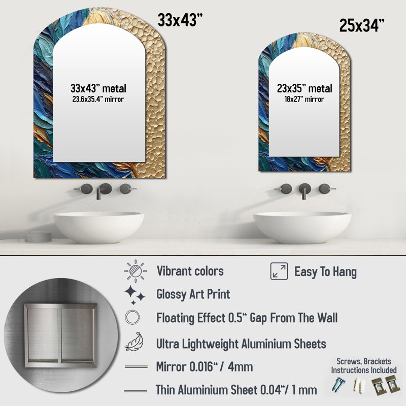 Boho Glam exquis or sur plume bleue, peinture V - miroir mural décoratif en forme d'arche, miroir asymétrique moderne