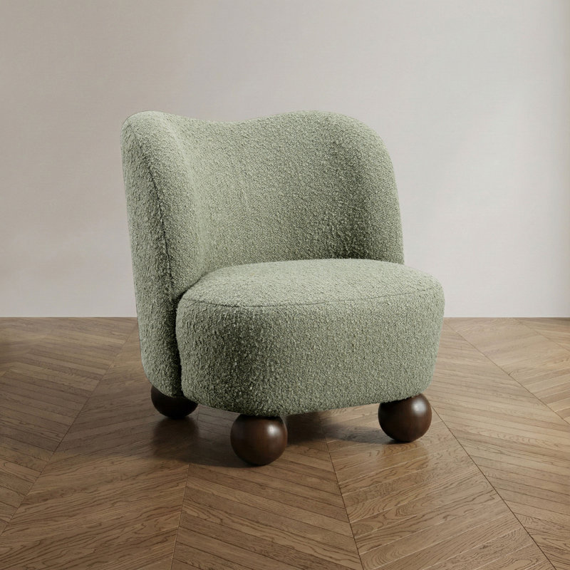 Fauteuil d'appoint rembourré Balleta Boucle, Vert, Bois brun foncé