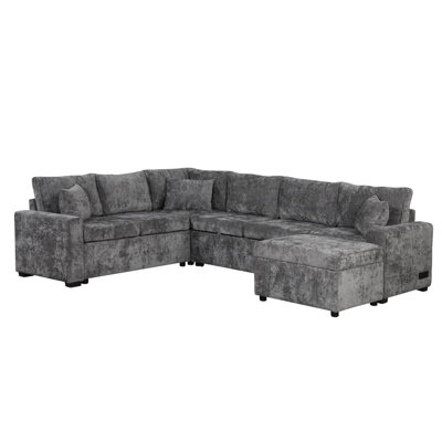 112.2" Sectional Sofa Pull-Out Sofa Bed Sleeper With A Storage Ottoman,Three Pillows And Charging Devices For Living Room