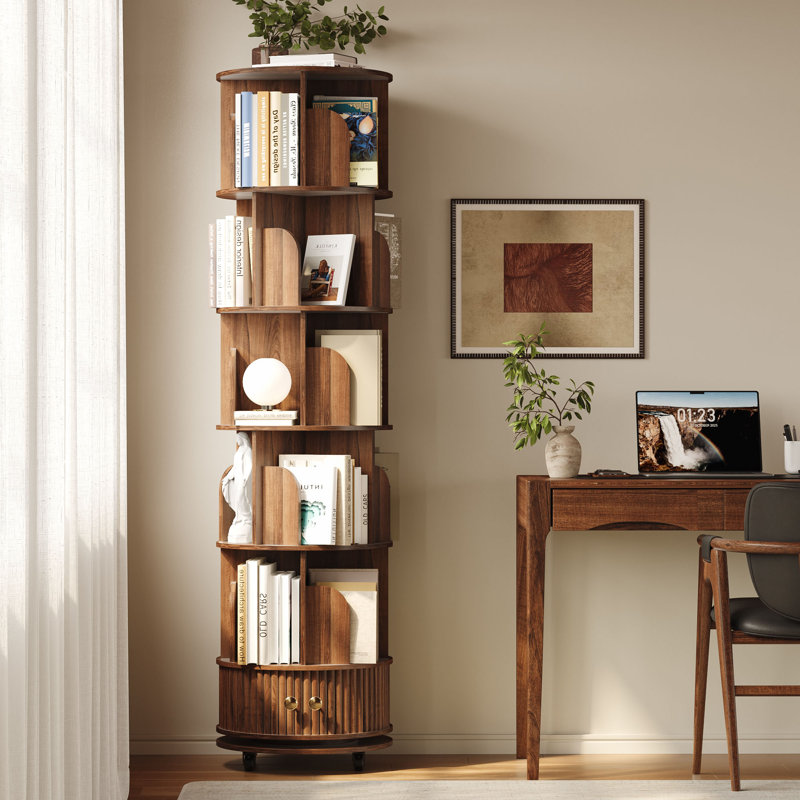 360° Rotating Bookshelf, 6-Tier Tall Narrow Bookcase with Roller Shutters Cabinet, Corner Bookshelf with Baffles, Walnut