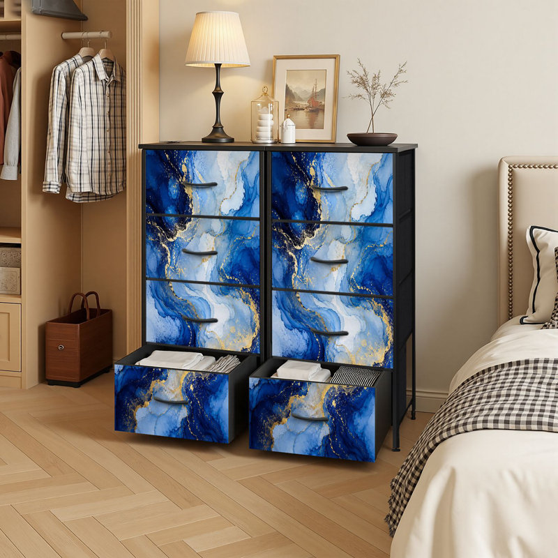 Commode de rangement verticale à 4 tiroirs, couleurs encres alcoolisées, abstrait multicolore et tiroirs en bois