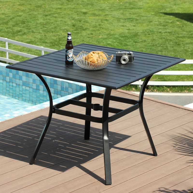 36" Patio Table For 4, Metal Outdoor Dining Table With Coating, Square Steel Slated Outdoor Table With 2" Umbrella Hole For Garden Backyard, Black