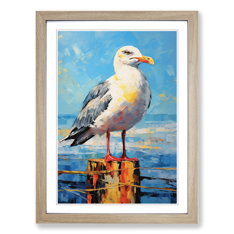 Seagull Expressionism - Single Picture Frame Print on Wood, 46cm H x 34cm W x 2cm D, Oak