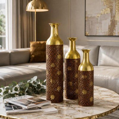 3-Piece Nesting Metal Floor Vase Set, Rustic Brown and Gold Decorative Vases for Living Room and Entryway