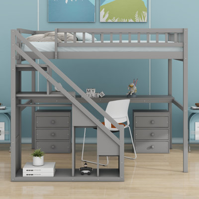 Lit mezzanine avec commode, bureau et bande lumineuse