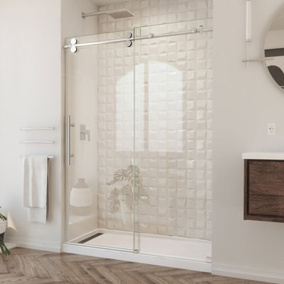Porte de douche coulissante sans cadre l 50 po x H 76 po Enigma-XO avec technologie Clear Max ™