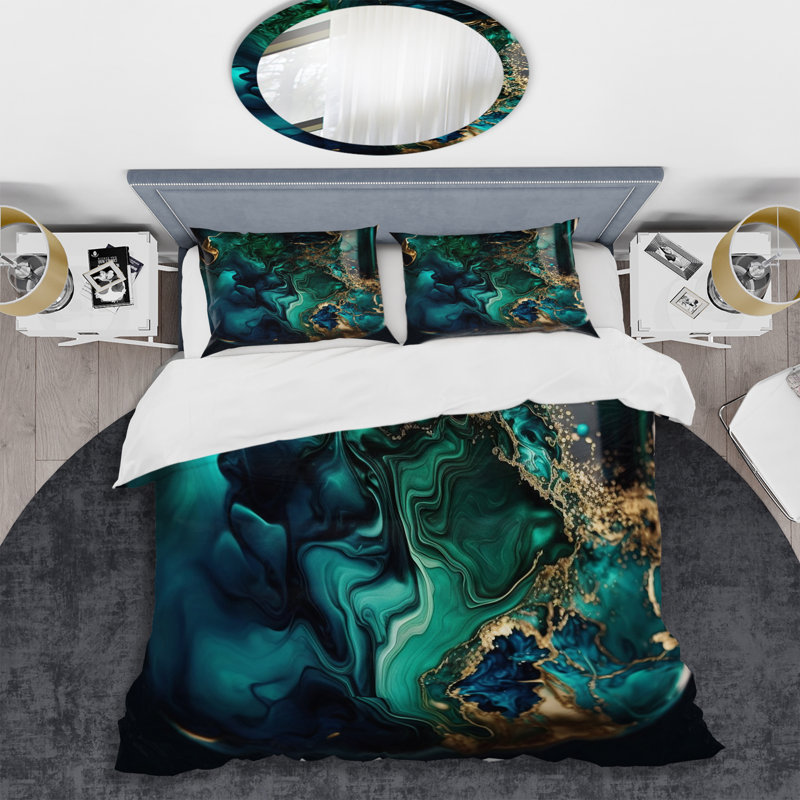 Ensemble de housse de couette abstrait en marbre vert et bleu Abstract Geode II - microfibre de polyester