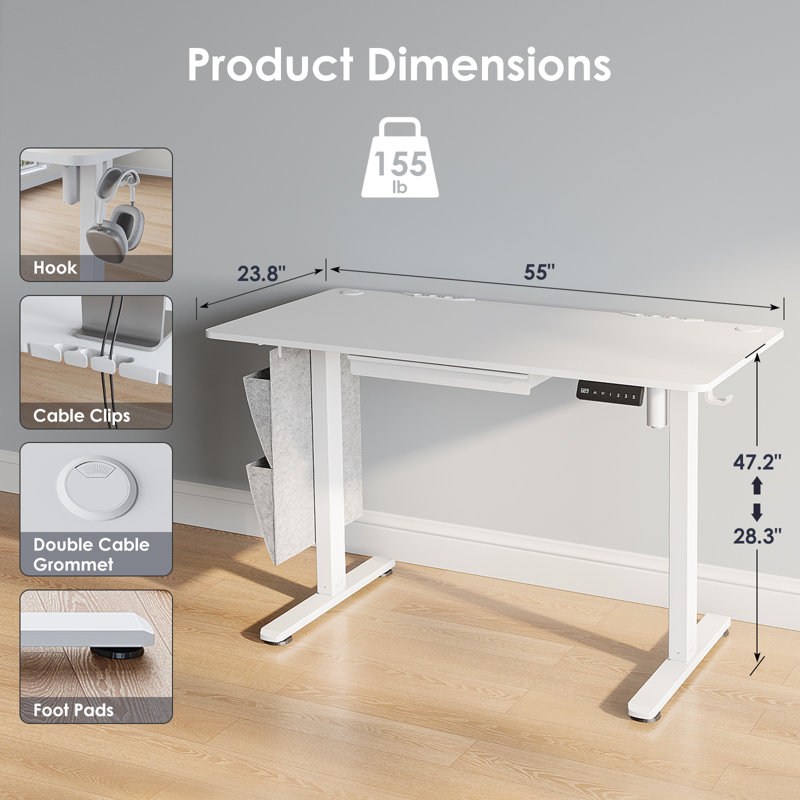 Bureau debout 55 po x 24 po électrique avec tiroir - Bureau assis-debout réglable en hauteur avec 3 hauteurs préréglées, un crochet latéral, une pochette de rangement et des pinces pour câbles pour un usage domestique ergonomique en blanc