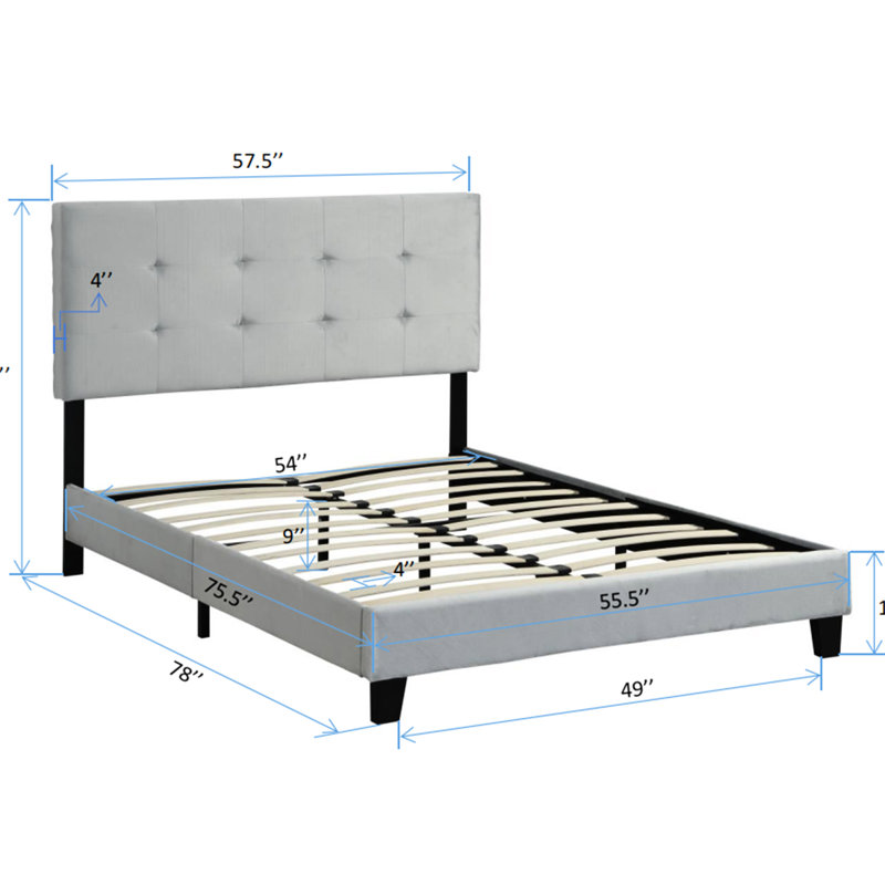 Structure de lit plateforme tapissier en taille double, gris avec tête de lit, support à lattes de bois, sommier, assemblage facile, pas de sommier tapissier, taille limite de poids de 600 lb, ressort stable requis, 77,9 po