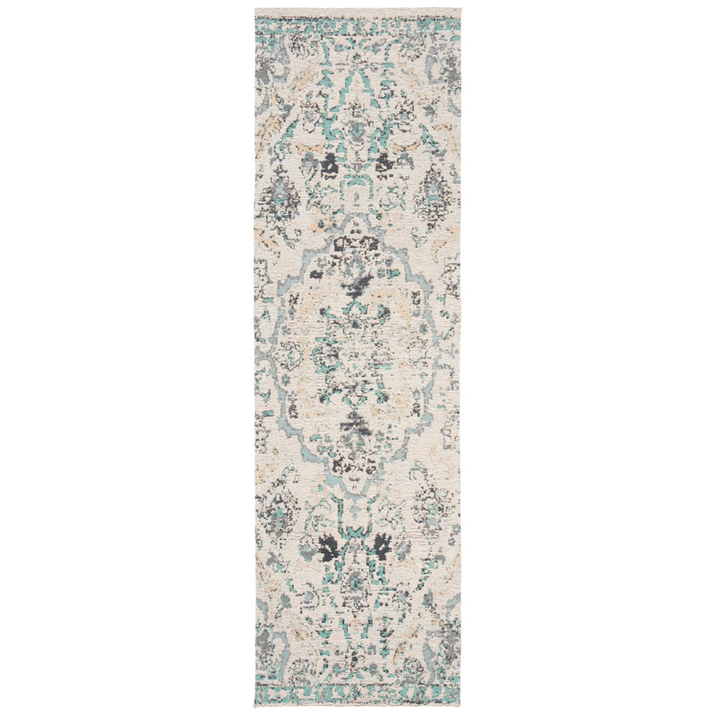 Tapis oriental gris / turquoise Poulson, Tapis de couloir 2 pi 3 po x 8 pi