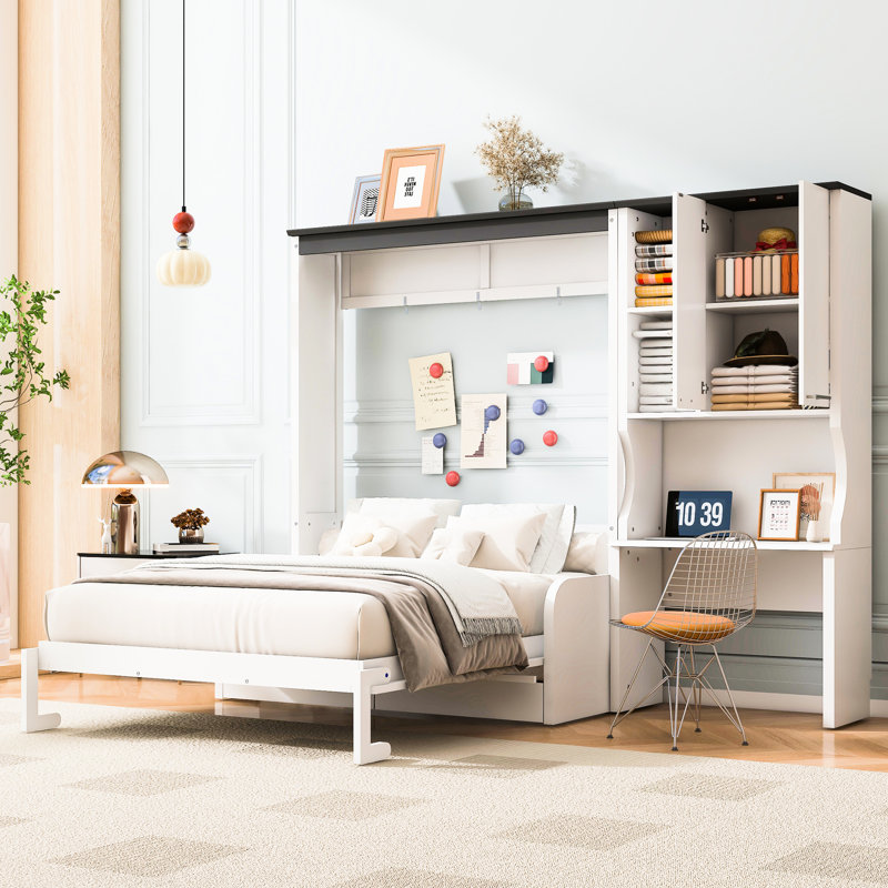Lit double avec bureau et armoire de rangement pliable, blanc, rangement confortable, pratique moderne