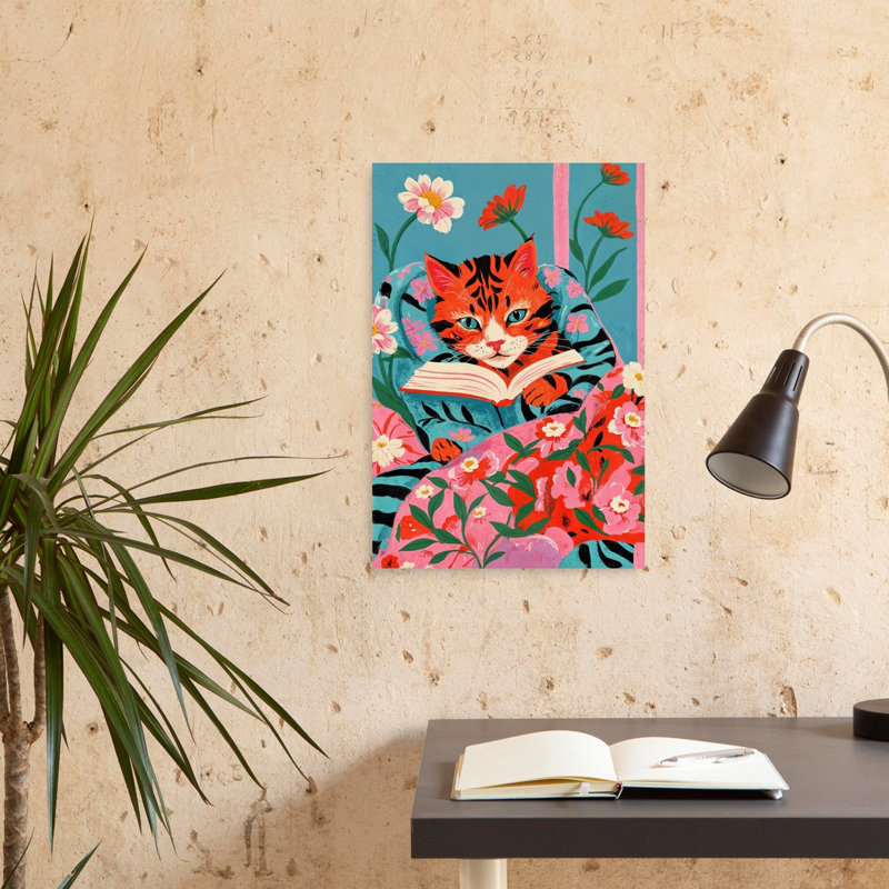 Whimsical Cat Reader Contemporary Cat Flower Wall Art Print 1 Piece Wrapped Canvas Wall Art, 60.96cm H x 40.64cm W