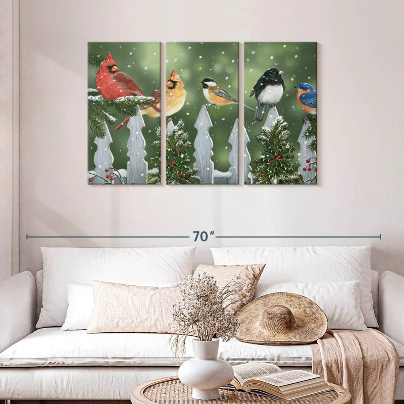 Oiseaux d'hiver Brampt sur une clôture enneigée, H 28 po x l 45 po