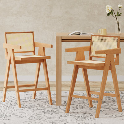 27'', Modern Minimalist Bar Stool with Cane Seat, Solid Wood Frame, Natural Finish