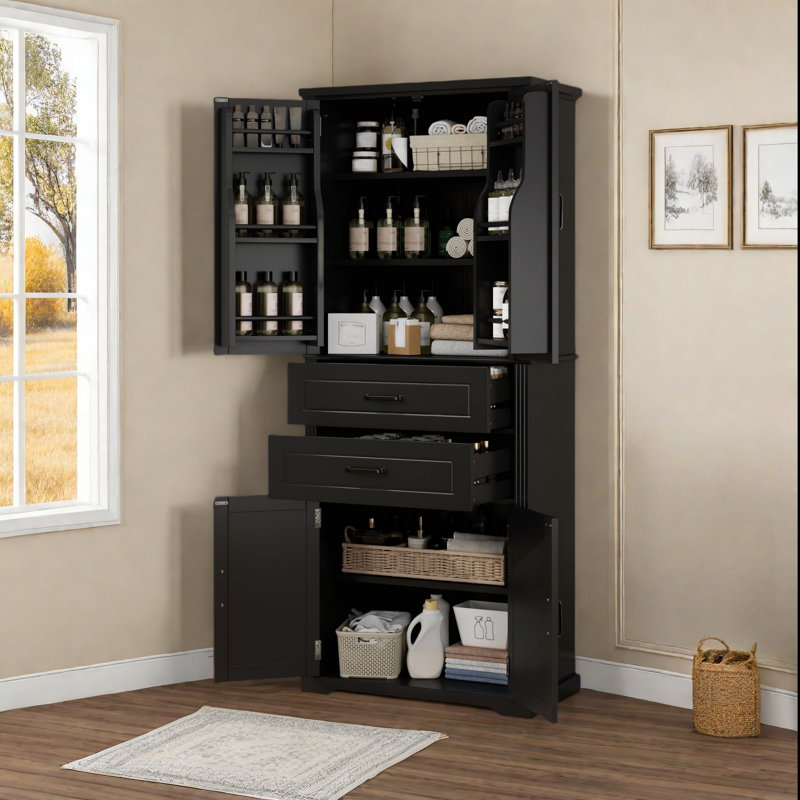72.6'' Freestanding Bathroom Storage Cabinet With 2 Drawers, 2 Cabinets And Six Behind-door Shelves, Black