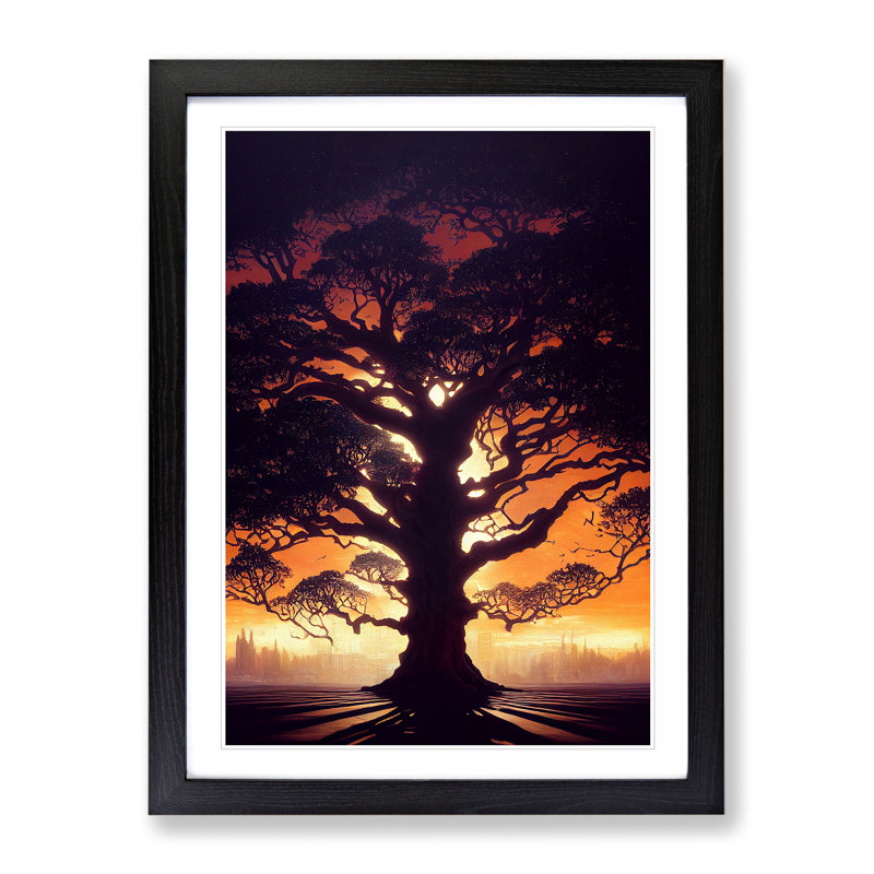 Tree At Sunset - Wall Art, Black Framed, 66cm H x 48cm W, White