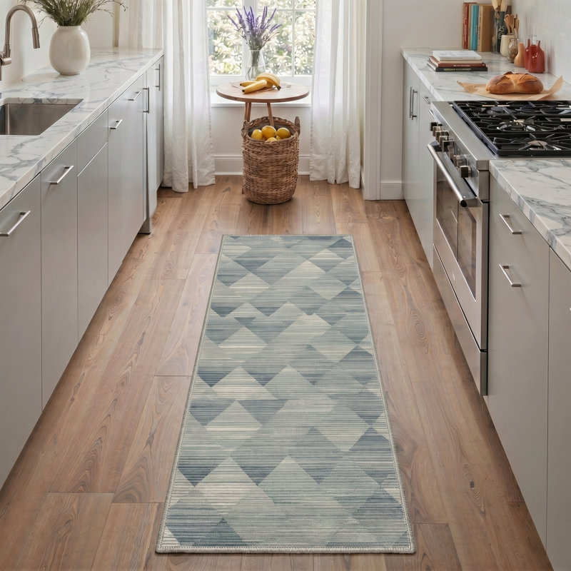 Coady Vertice Geometric Machine Washable Blue / Beige Indoor Area Rug with Non-Slip Backing, Runner 2' x 6'