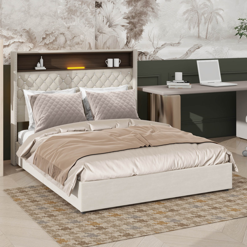 Structure de lit tapissier en velours pour grand lit, USB et veilleuse intégrée, lit plateforme à oreilles avec rangement pour tête de lit intégré