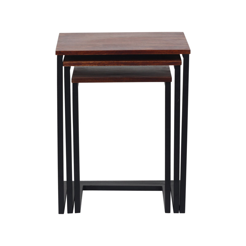 Ensemble de 3 tables d'appoint Hadarah brun châtaignier avec base en métal noir, table de canapé et table de bout