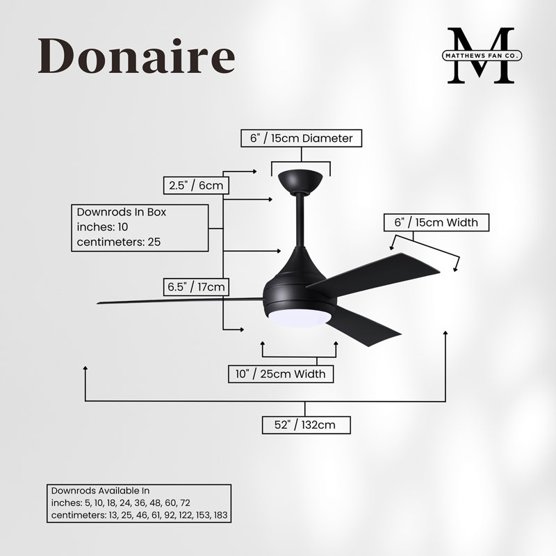 Donaire LED Outdoor Downrod Ceiling Fan, Matte Black, Matte Black
