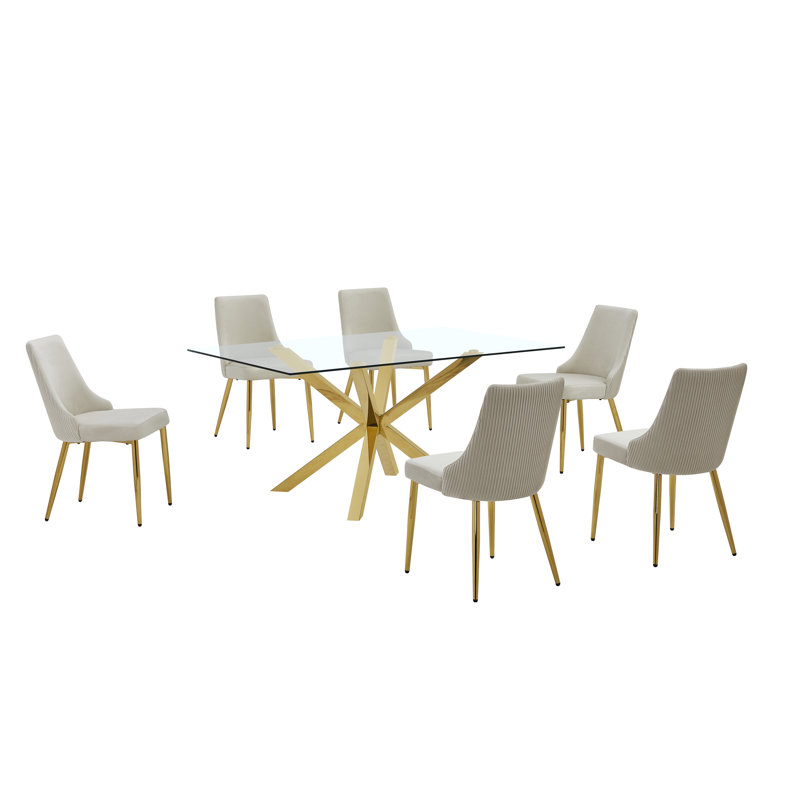 Ensemble de salle à manger en verre avec chaises d'appoint en velours plissé, 7, Crème, crème