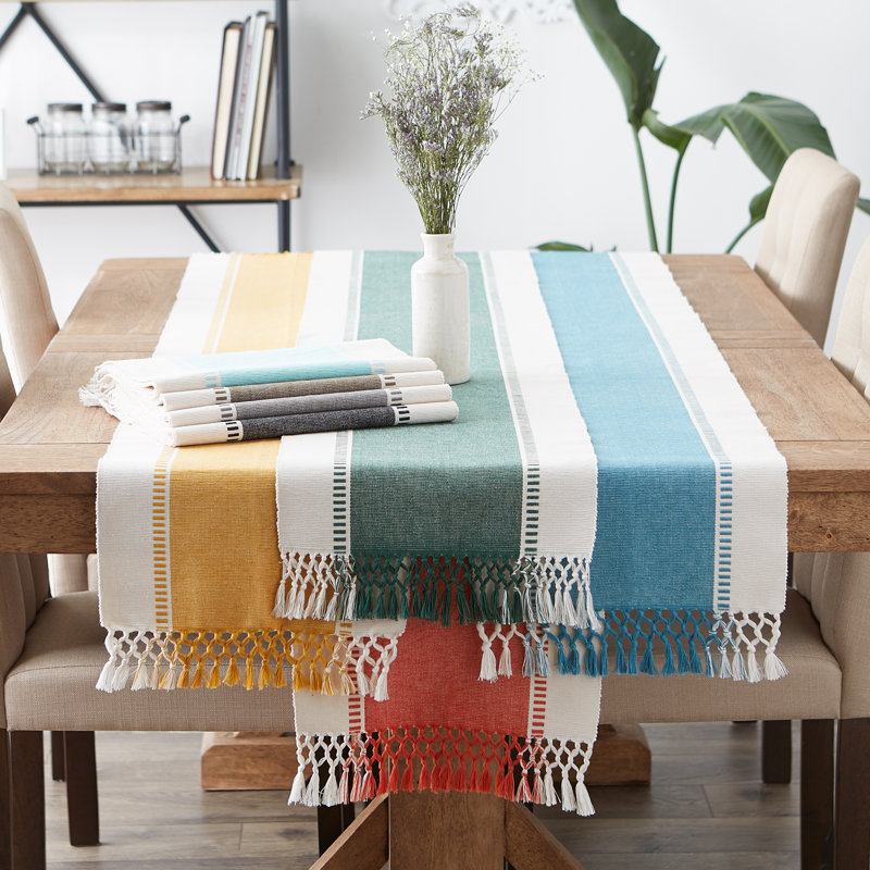 Kizer Striped 100% Cotton Table Runner, 108" x 13", Honey Gold