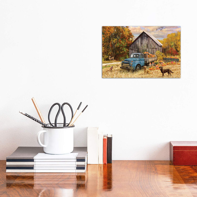 «Fall Truck And Barn» - reproduction, Toile tendue, H 12 po x l 18 po x 1,5 po