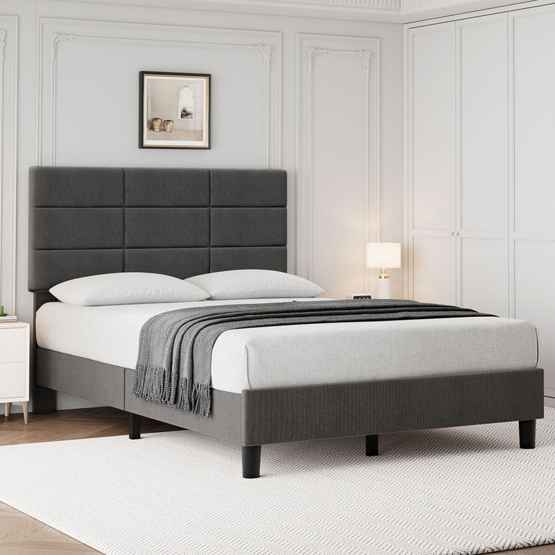 Bed Frame, Bed Frame With Adjustable Upholstered Headboard, Twin
